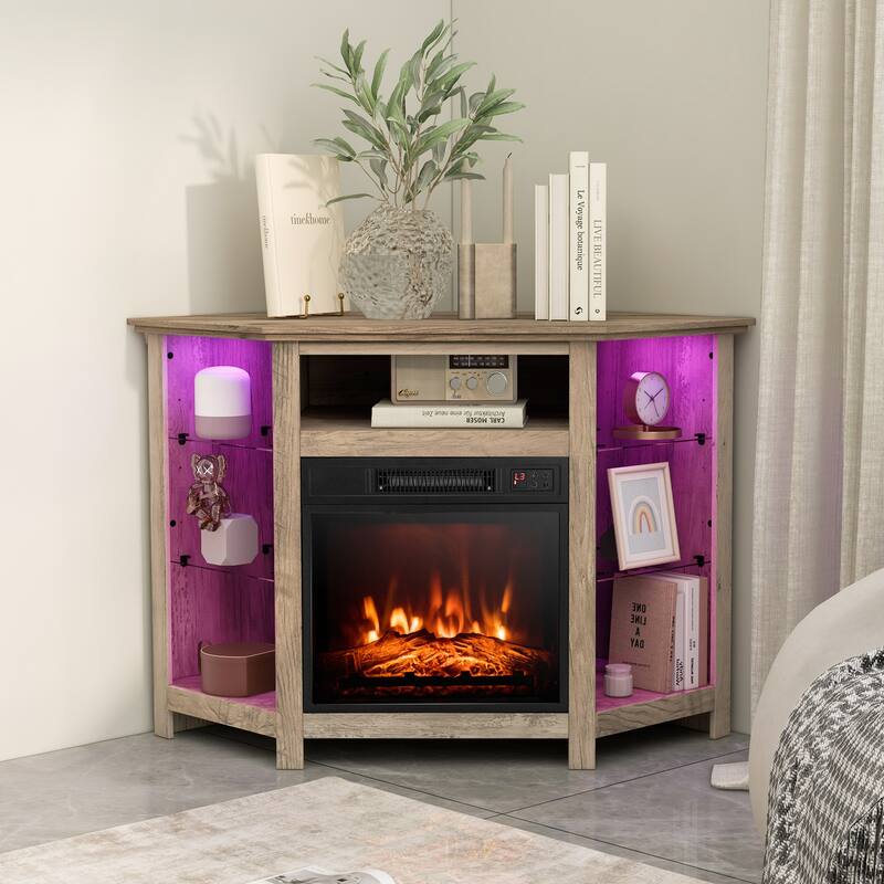 Electric Fireplace Corner TV Stand with LED Lights and Adjustable Glass Shelves - 45" x 22" x 30"