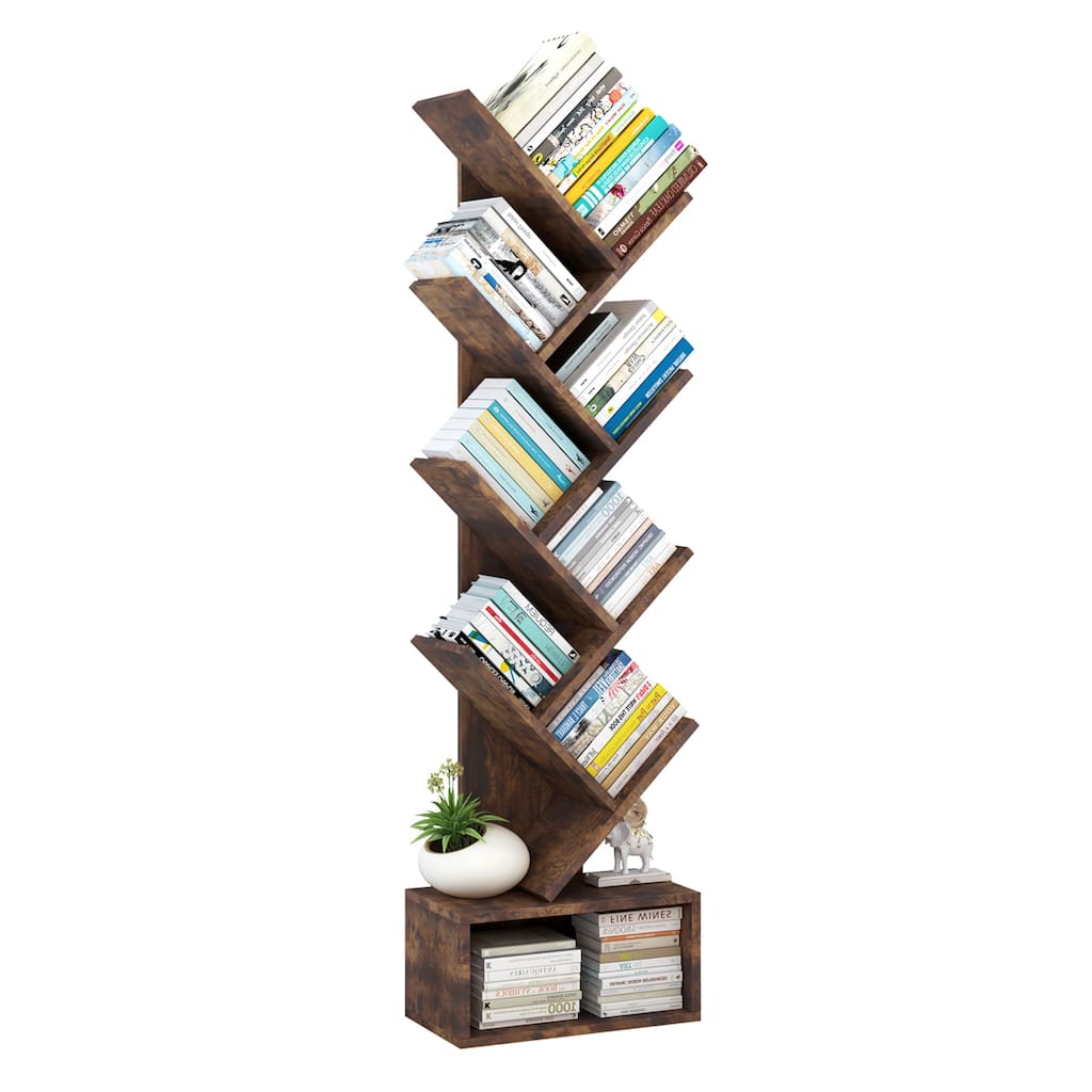 8-Tier Wooden Tree Bookshelf with Storage