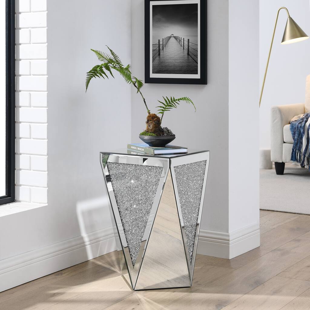 Inverted triangular mirror square table, crystal diamond inlaid coffee table, silver glass side table suitable