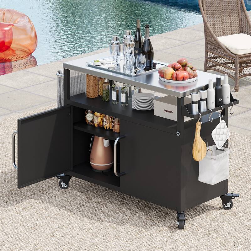 54.5" Outdoor Kitchen Island with Stainless Steel Tabletop, 4 Lockable Wheels, Spice Rack and Towel Rack