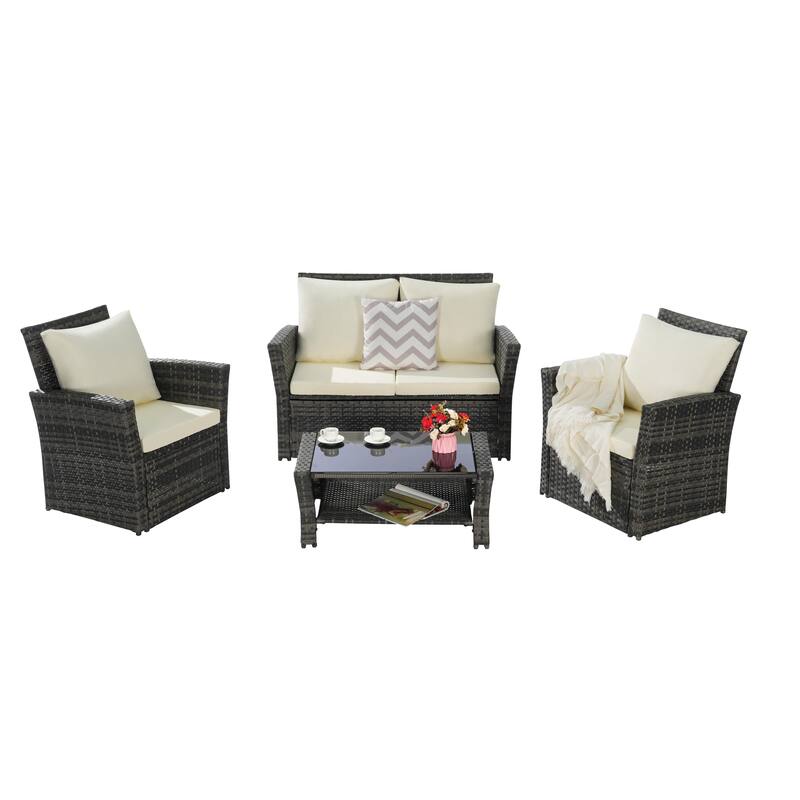 4 Piece Outdoor Rattan Conversation Furniture Sets, All Weather Patio Wicker Chair Set with Tempered Glass Coffee Table - Beige