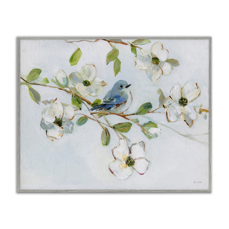 Stupell Bird Perched on Dogwood Framed Giclee Art Design By Sally Swatland - 30 x 24 - Grey