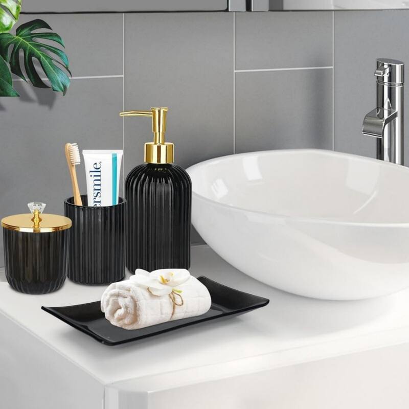 4-piece bathroom accessories set with soap dispenser, toothbrush holder, medicine bottle, tray