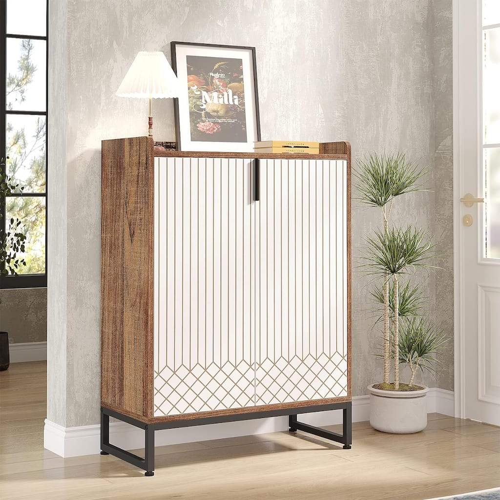 29" Brown & White Shoe Cabinet with Doors, 5 Tiers