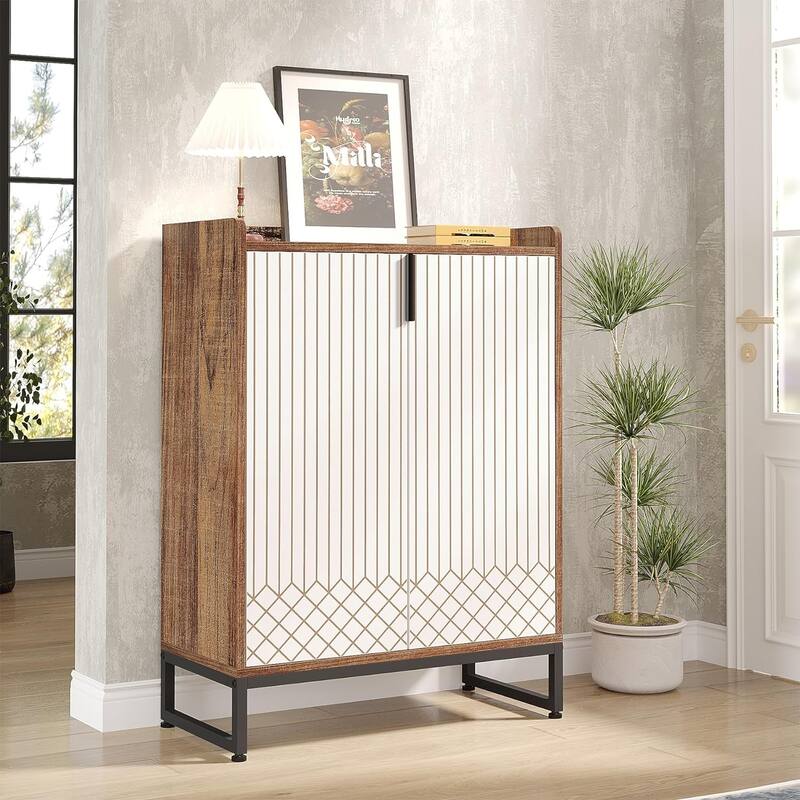 29" Brown & White Shoe Cabinet with Doors, 5 Tiers