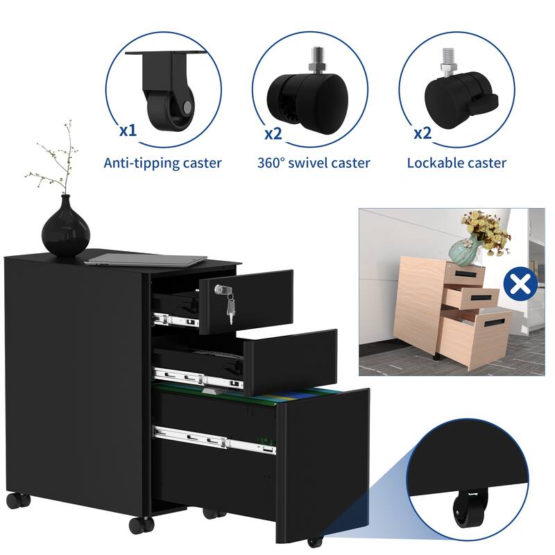 Modern 3-Drawer Mobile Vertical Steel File Cabinet for A4, Letter, Legal size Files