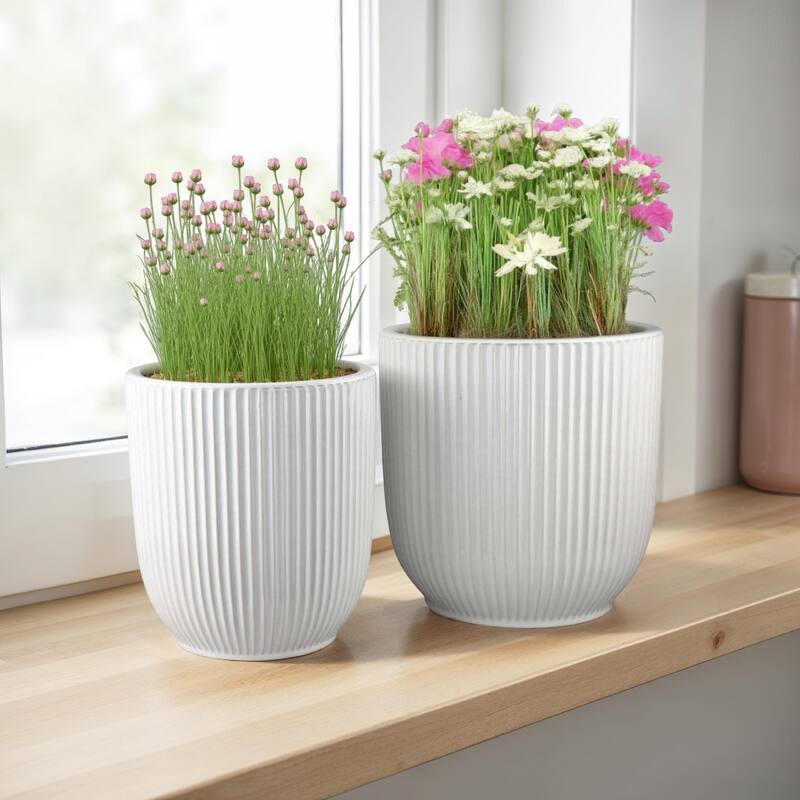 Modern 2-Piece Glossy White Ribbed Ceramic Planter Set with Drainage - White