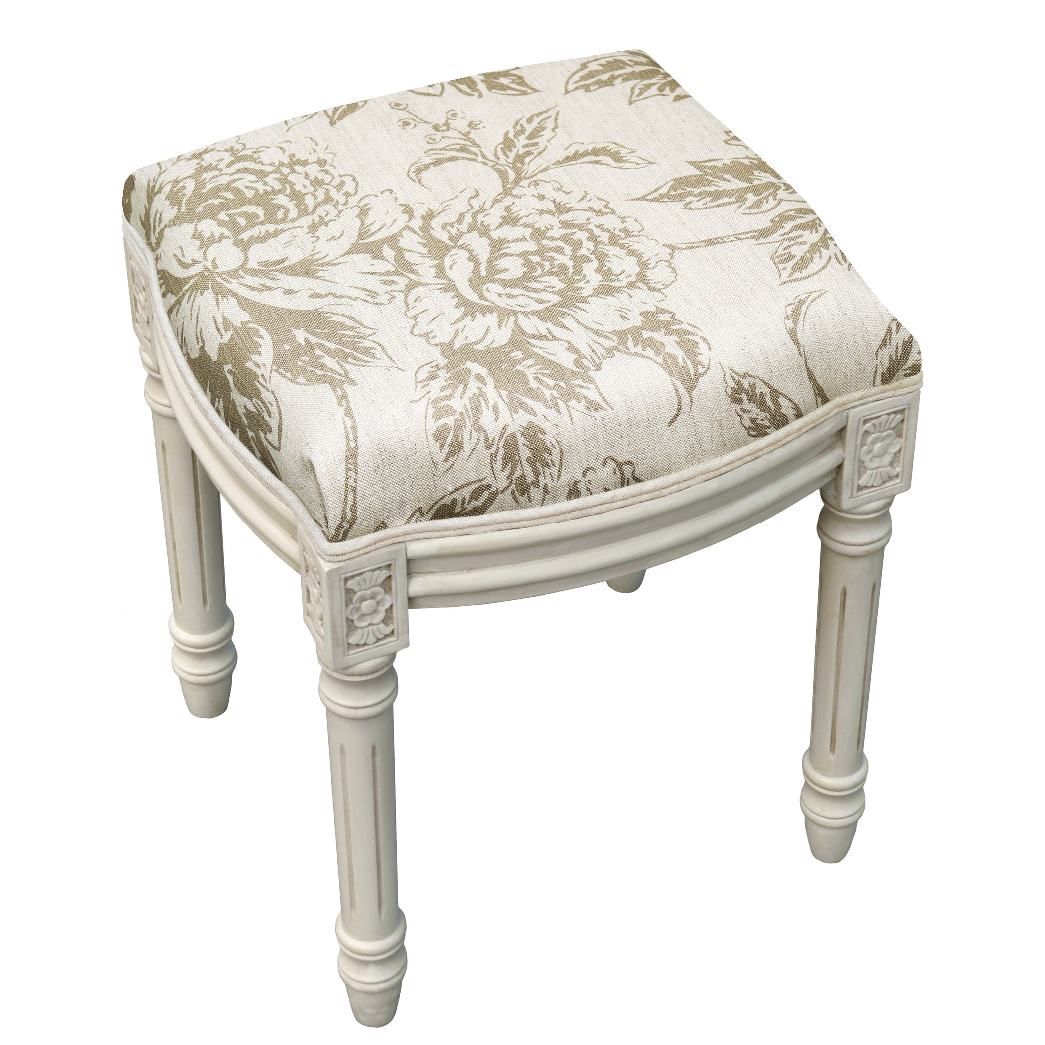 Taupe Peony Vanity Stool with antique white finish