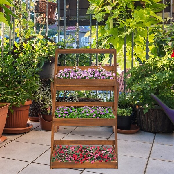 3-Tier Acacia Wood Plant Stand, Foldable Compact Indoor/Outdoor