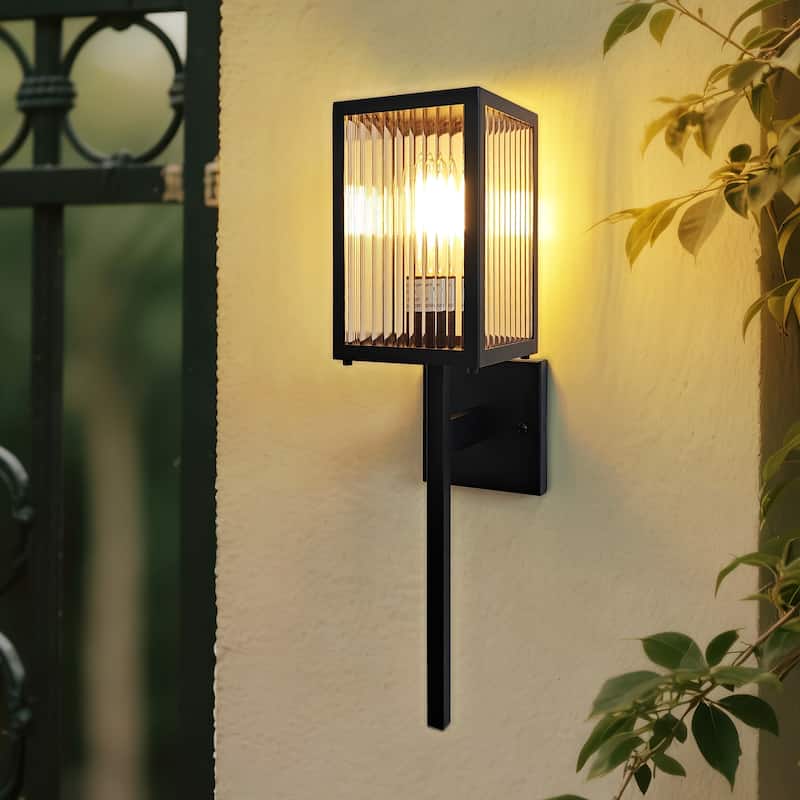 Outdoor Wall Sconce with Clear Ribbed Glass,Waterproof Exterior Wall Lantern for House Exterior/Front Door/Garage/Patio(2-PACK) - Black