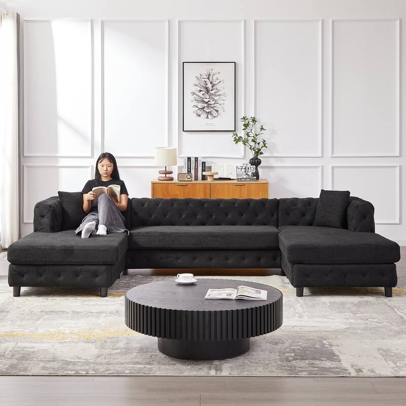 U-Shaped Chenille Sofa with Two Chaise Longue Seats and Pillows.
