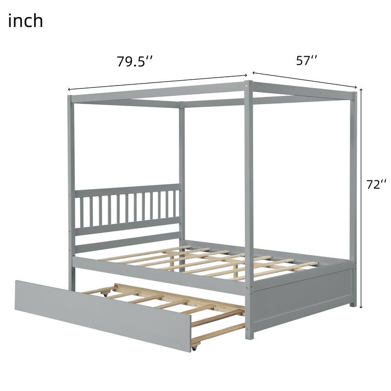 Nestfair Full Size Canopy Bed with Twin Trundle, Kids Solid Wood Platform Bed Frame w/ Headboard, No Box Spring Needed