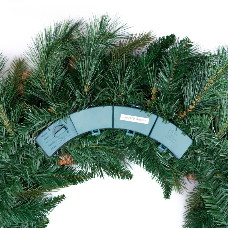 30" Mixed Mountain Cypress B/O Wreath w/Warm White & Multi LED Lights - Choose LED Raspberry Covers or LED T5 Mini Lights