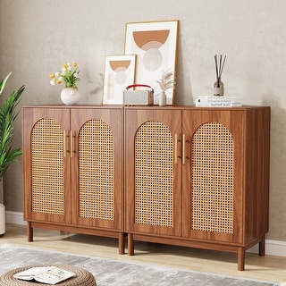 Set of 2 Rattan Sideboard, 59 Inch Buffet Cabinet with Doors, Accent Cabinet