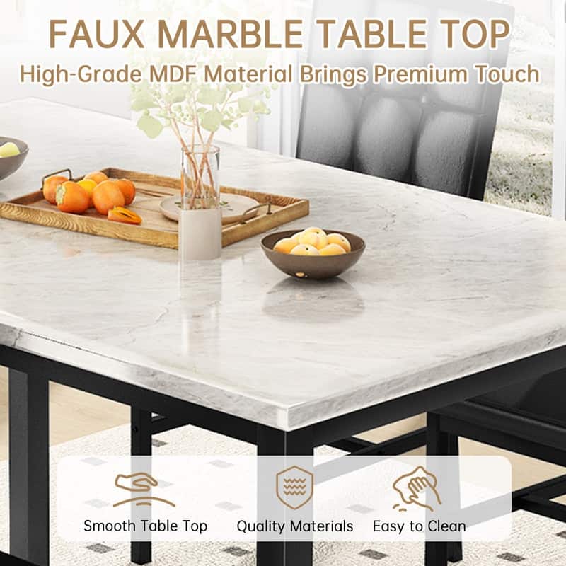Grondin Modern Style 5 Pieces Dining Table Set For 4, Faux Marble Dining Room Table Set With 4 Upholstered Dining Chairs