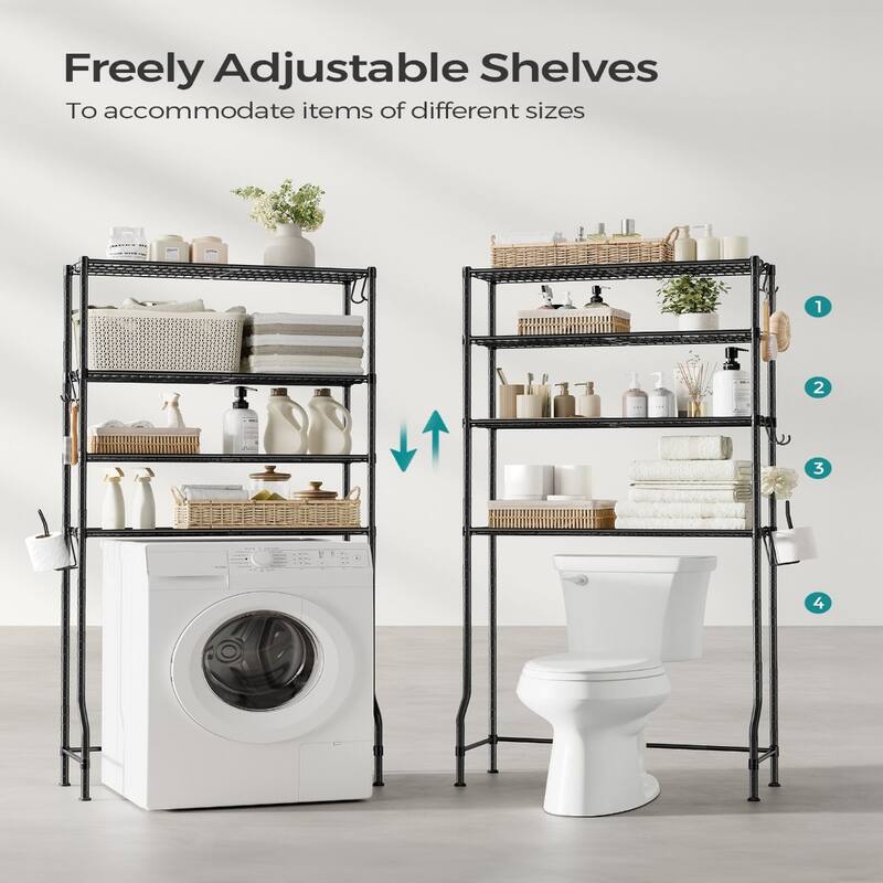 4-Tier Freestanding Metal Over-the-Toilet Storage Rack with 4 Adjustable Shelves and 4 Convenient Hoooks