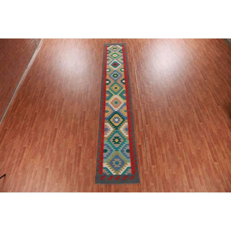 Hand Woven Oriental 100% Wool Carpet Southwestern Geometric Multi-Colored Kilim Runner Rug - 16' 8'' X 2' 9''