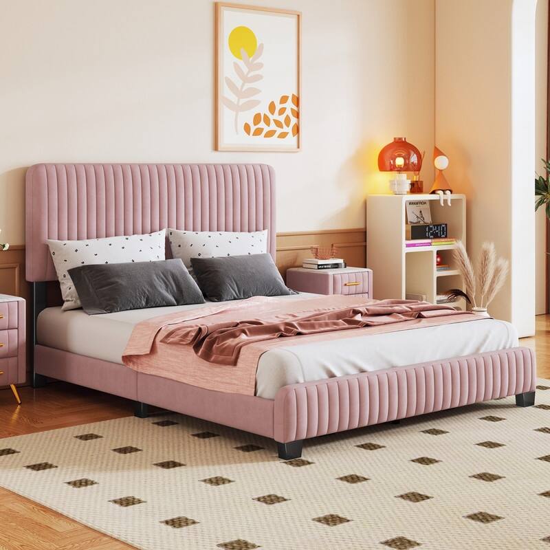 Queen Size Velvet Fabric Upholstered Platform Bed Frame with Extra Tall Headboard,2 Colors Bed