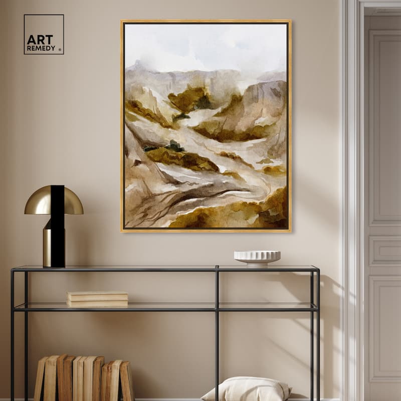 Art Remedy Winter End Rock Mountain Framed Landscape 1 Piece Canvas Wall Art Watercolor Style
