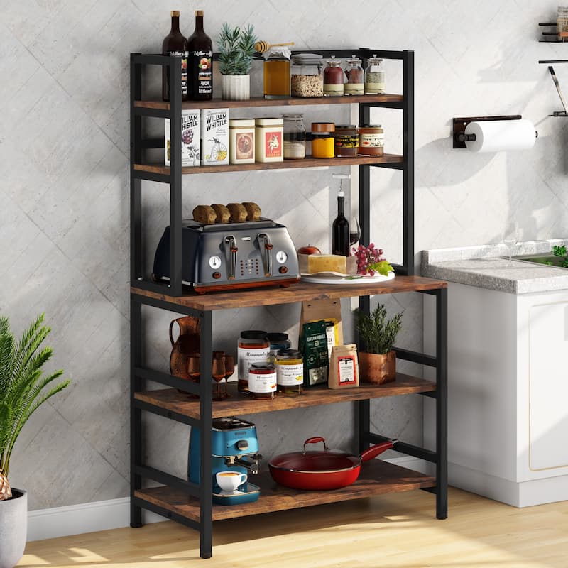 5-Tier Kitchen Bakers Rack Utility Storage Shelf Microwave Oven Stand, Industrial Microwave Cart Kitchen Stand with Hutch - Brown