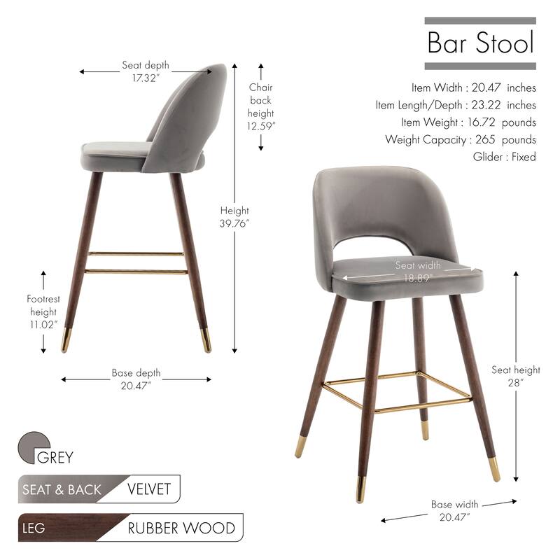 Porthos Home Quint Velvet Upholstered Bar Stools with Rubberwood Legs, Set of 2