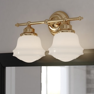 Huntley Natural Brass Gold Bathroom Vanity Lighting Fixture, White Schoolhouse Milk Glass Globe Shade, Dimmable, LED Compatible
