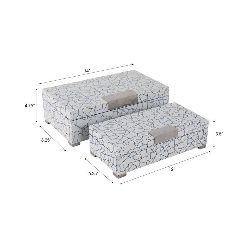 Resin Wood Boxes with Cracked Mosaic Texture (Set of 2) - 5" & 4" Blue - 14" x 8.25" x 4.75"