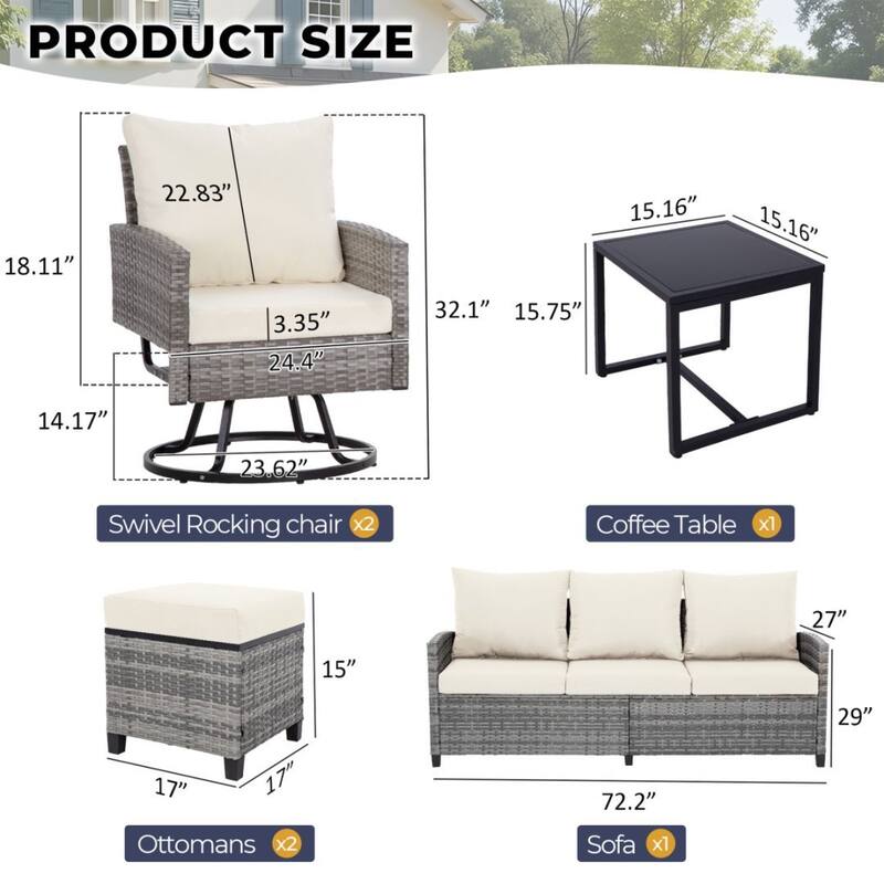 6pcs Wicker Patio Conversation Set Seating Loveseat Sofa with Ottomans