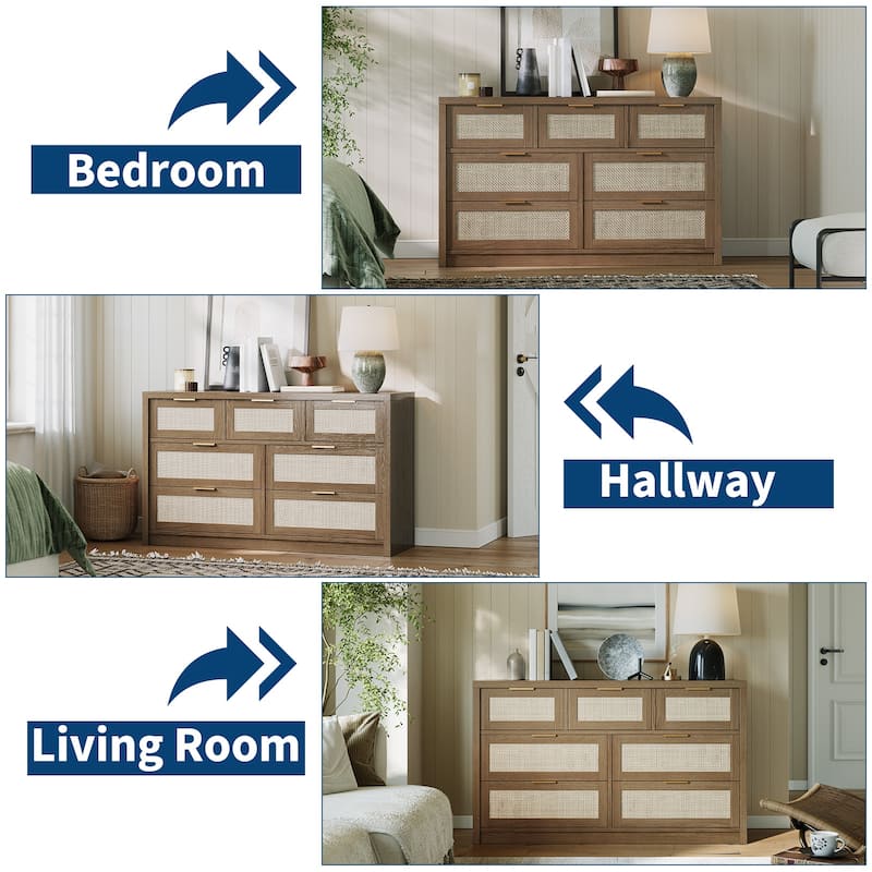 7 Drawers Dresser, 52" Wide Rattan Dresser Modern Chest of Drawers with Metal Handle, Wood Closet Storage Organizer