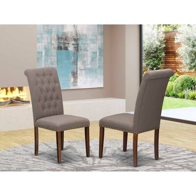 Parson Dining Chairs Set of 2 - Linen Fabric Button Tufted Padded Kitchen Chairs Mahogany Finish
