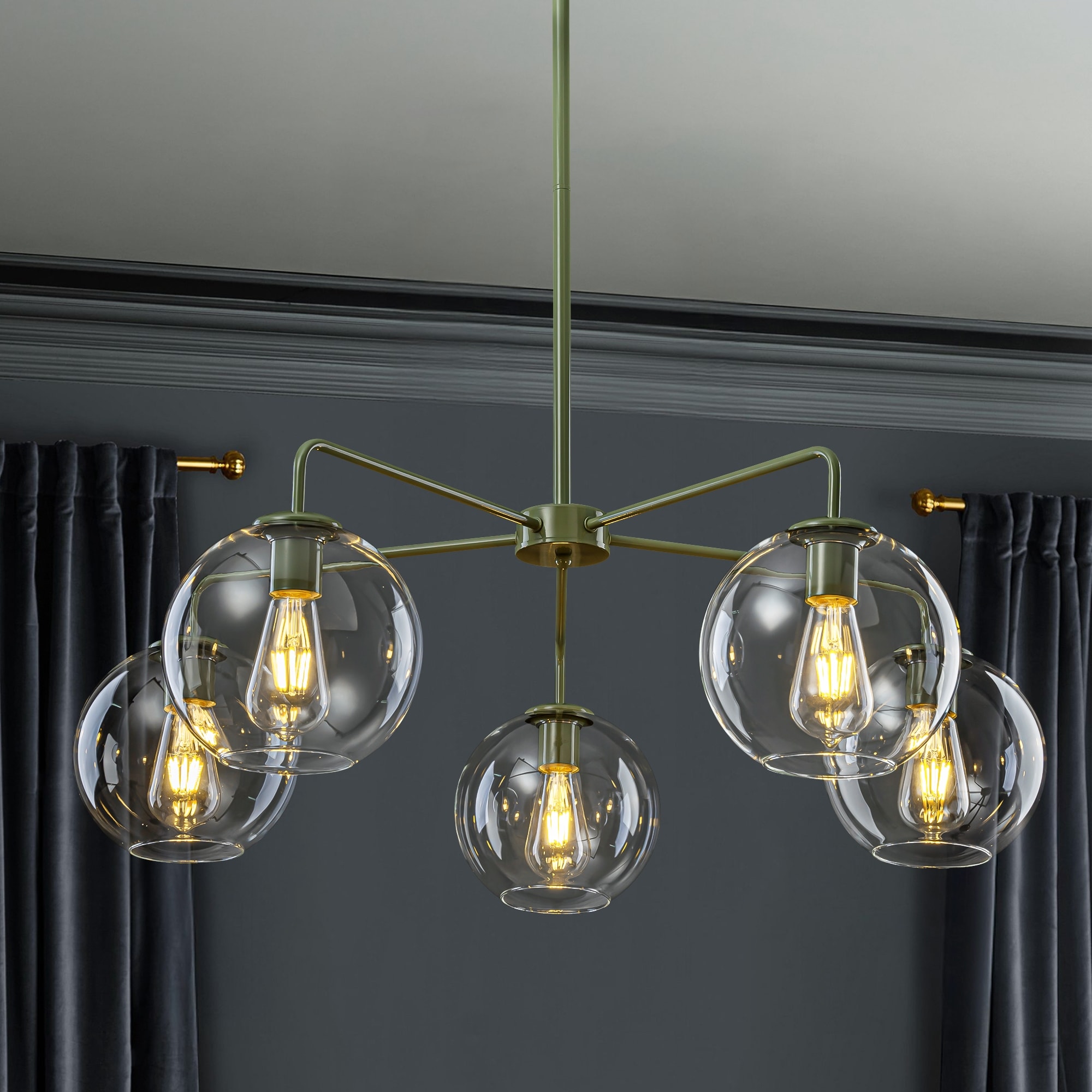 Rennnsan 5-Light Modern Green Cluster Sputnik Clear Glass Globe Chandelier for Dining Room - 39.37 in. Dia x 11.42 in. H