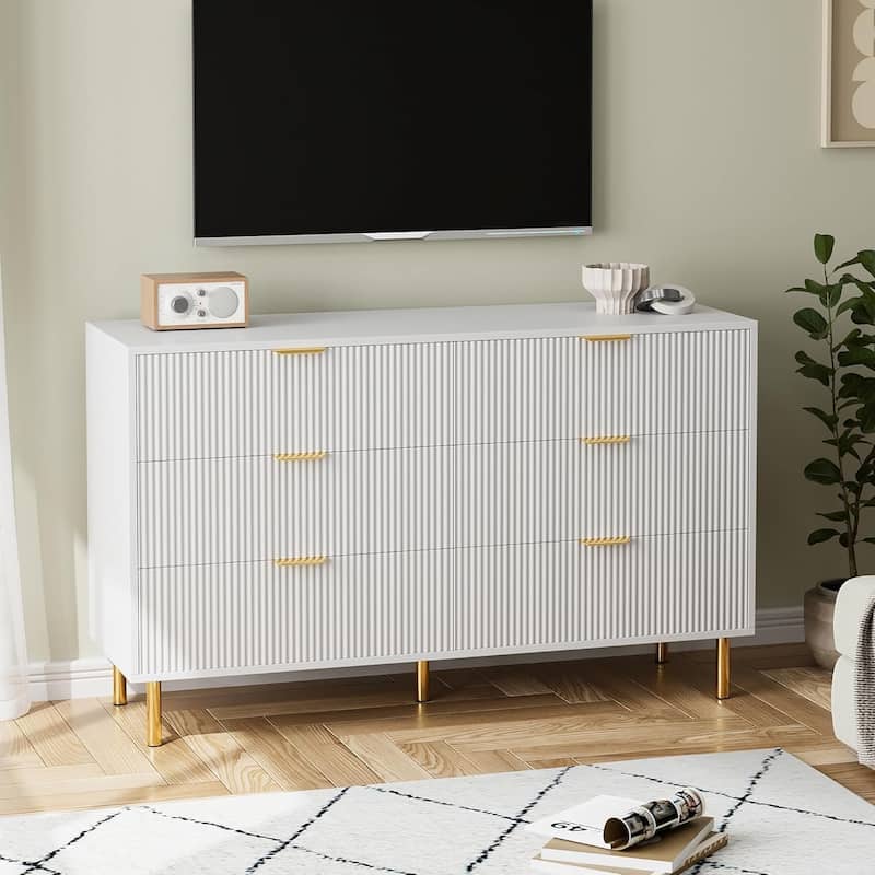 6 Drawer Dresser for Bedroom with Gold Handles, Modern Wooden Chest of Drawers