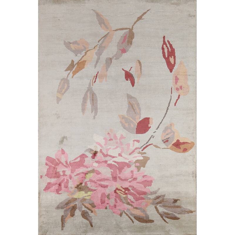 Handmade Flowers Wool & Silk Indian Area Rug - 6'3"x 9'0"