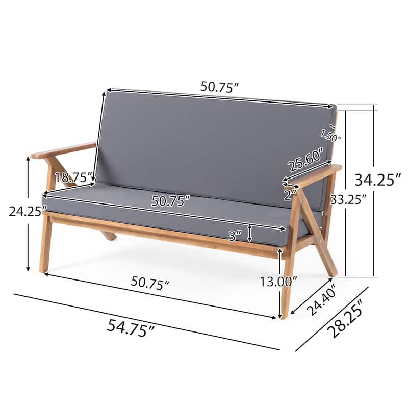 Acacia Wood 4pc Outdoor Chat Set with Loveseat 2 Chairs Coffee Table Water Resistant Cushions