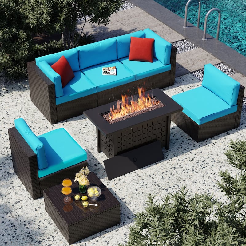 7 Piece Sectional Seating Group with Cushions and Fire Pit - Blue