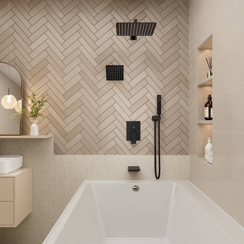 4-Spray Wall Mount 12 and 6 in. Dual Fixed and Handheld Shower Head with Waterfall Tub Spout (Valve Included) - 12" x 12"