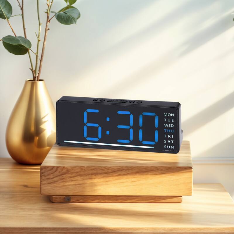 Digital Dual Alarm Clock for Bedroom, Easy to Set, Dimmable, Date Day of Week Temp Snooze, 12/24H 6.1 x 2.4 x 1 inch - Blue