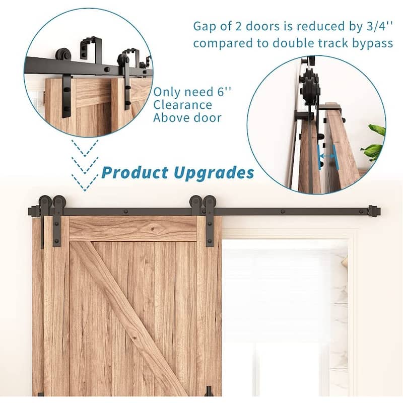 WINSOON 4-18FT Single Track Bypass Sliding Barn Door Hardware Kit for Double Doors I Style Rollers