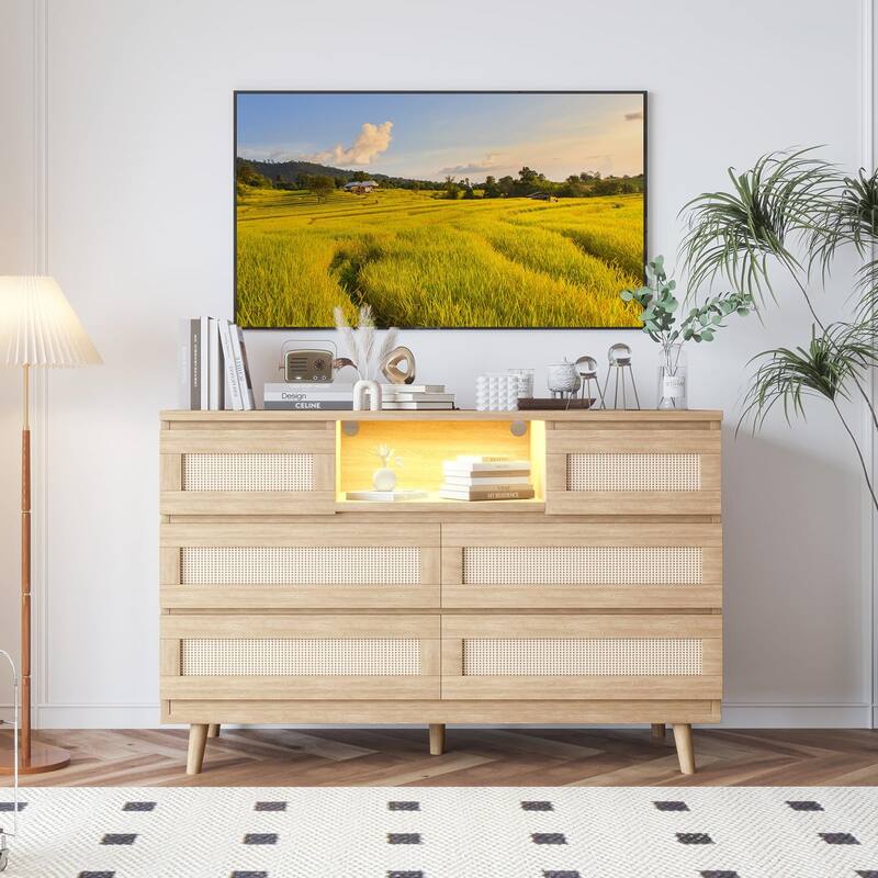 6-Drawer Rattan Dresser with LED Light & Charging Station, Modern Double Chest for Bedroom