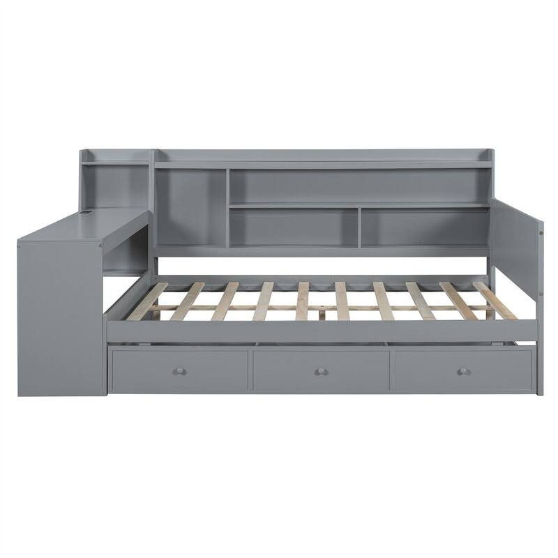 Twin/Full Daybed with 3 Storage Drawers and Bedside Desk, Wooden Day Bedframe Sofa Bed with Storage Shelves and USB Ports