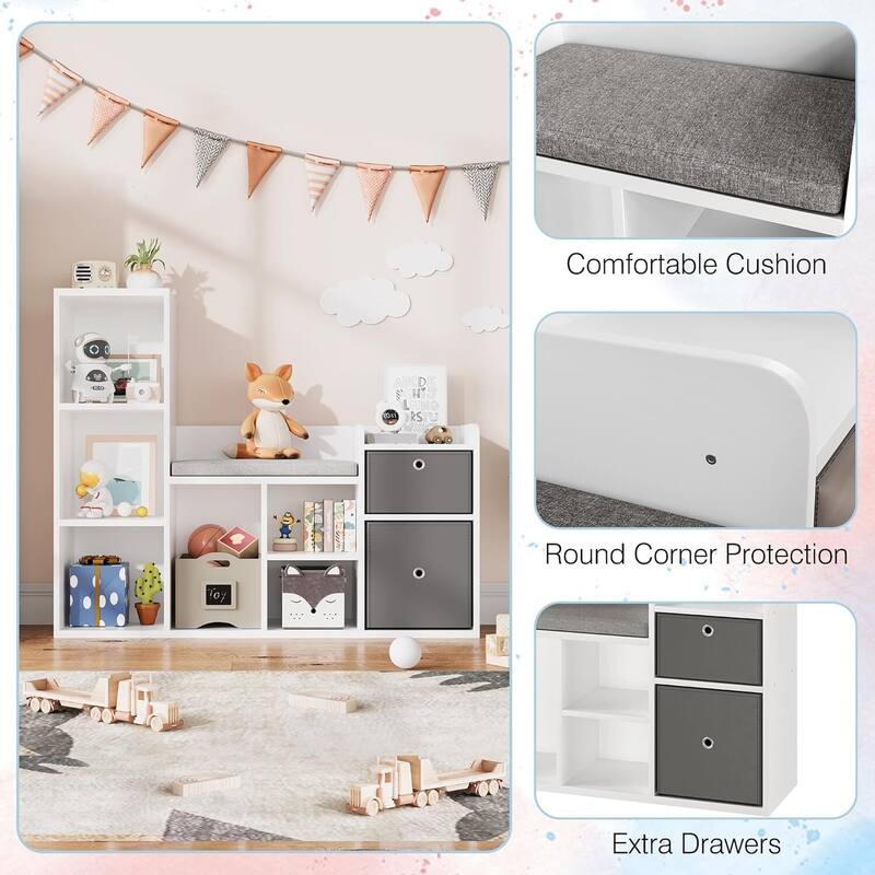 6 Cubbies 2 Drawers Kids Bookcase with Reading Nook Cushion for Playroom Bedroom