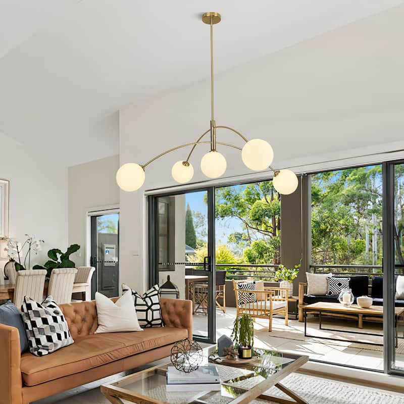 5 - Light Dimmable Modern Linear Globe Chandelier - Polished Brass
