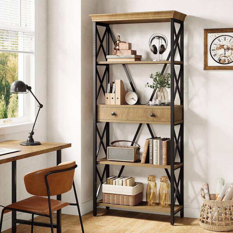 70.9" Tall Bookshelf with Drawers, Industrial Bookcase with Storage - Brown