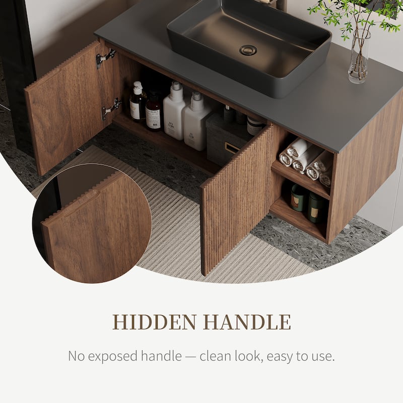 35.83'' Single Bathroom Vanity with Glossy Sintered Stone Top, Light Wood & Dark Wood