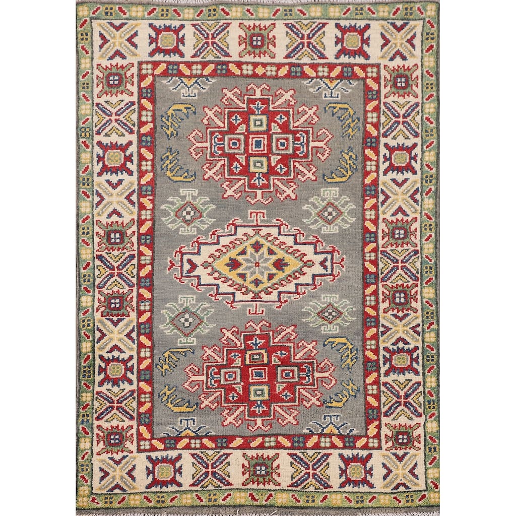 Grey Traditional Kazak Accent Rug Hand-Knotted Wool Carpet - 2'8" x 3'11"