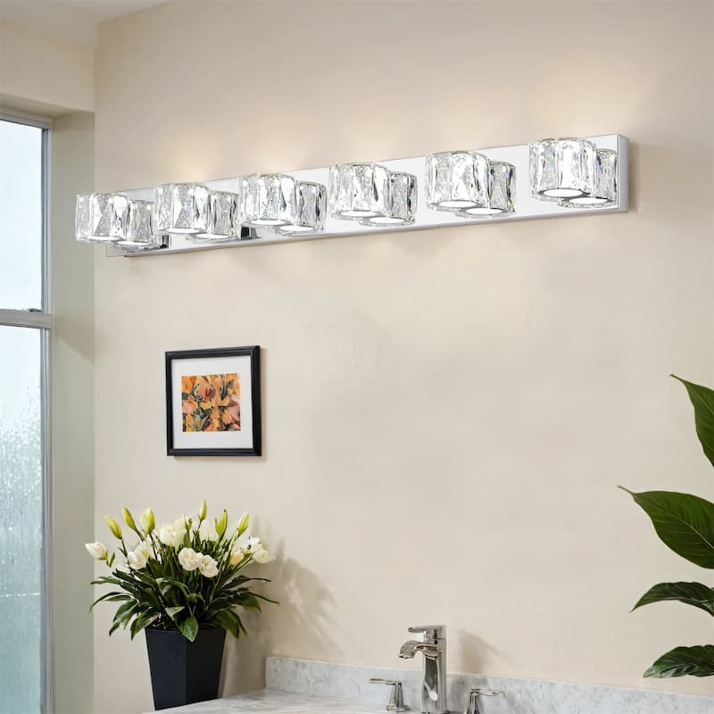41" Modern Crystal 6-Light LED Wall Sconce,Elegant Chrome Bathroom Vanity Light with Clear Crystal Shades - Chrome