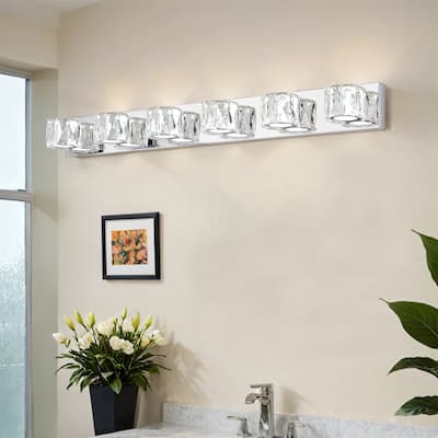 41" Modern Crystal 6-Light LED Wall Sconce,Elegant Chrome Bathroom Vanity Light with Clear Crystal Shades