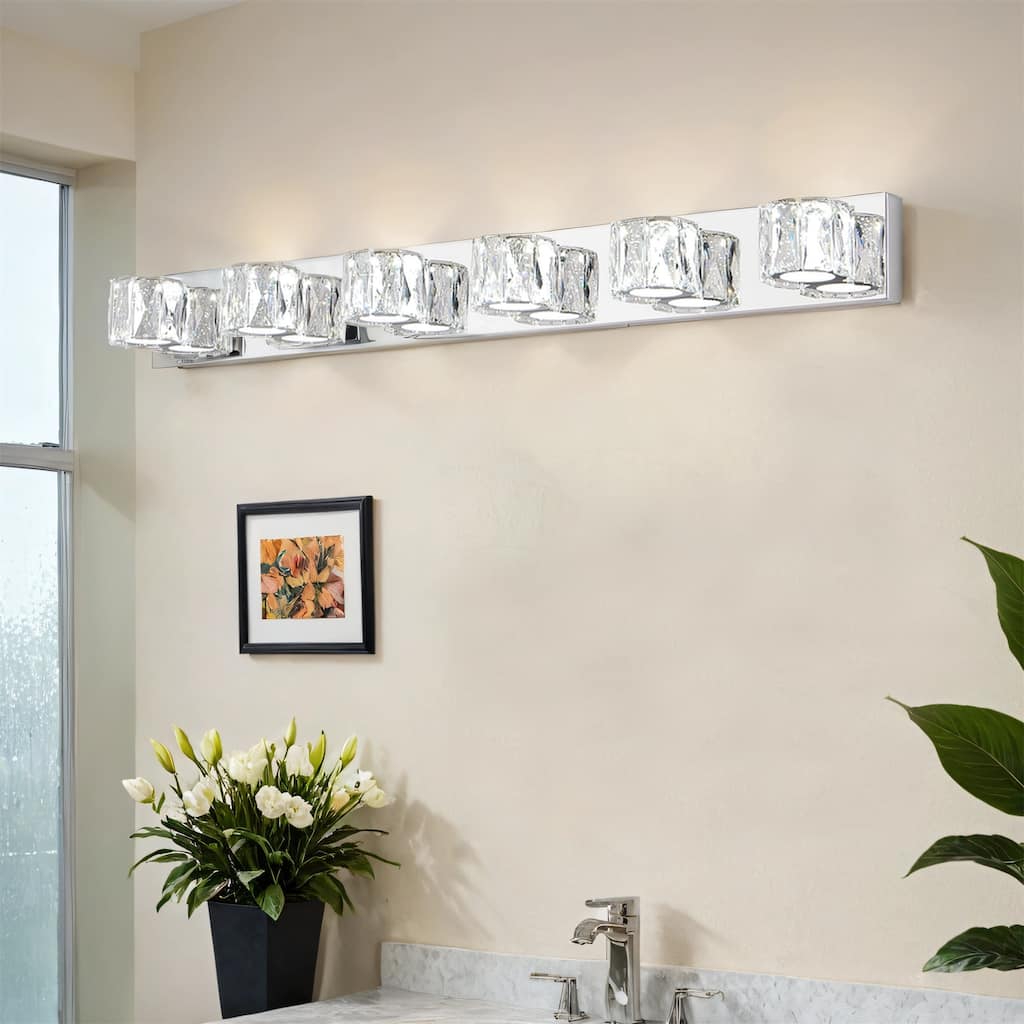 41" Modern Crystal 6-Light LED Wall Sconce,Elegant Chrome Bathroom Vanity Light with Clear Crystal Shades