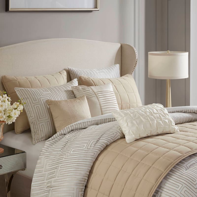 10 PCS Cal King Luxury Jacquard Comforter Set Ivory