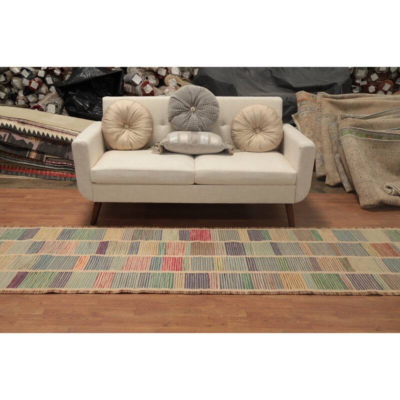 Hand Woven Oriental 100% Wool Carpet Southwestern Modern Multi-Colored Kilim Runner Rug - 12' 1'' X 2' 10''